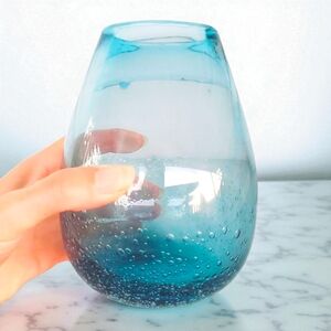 Murano Style Art Glass Vase Seeded Clear Bubbles Ocean Blue Handmade Vintage